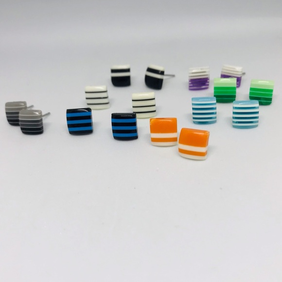 Green Striped Minimalist Repurposed Stud Earrings - Picture 12 of 16